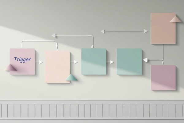 Image of a workflow created with sticky notes on a wall. Blog: What is an email automation? A beginner's guide